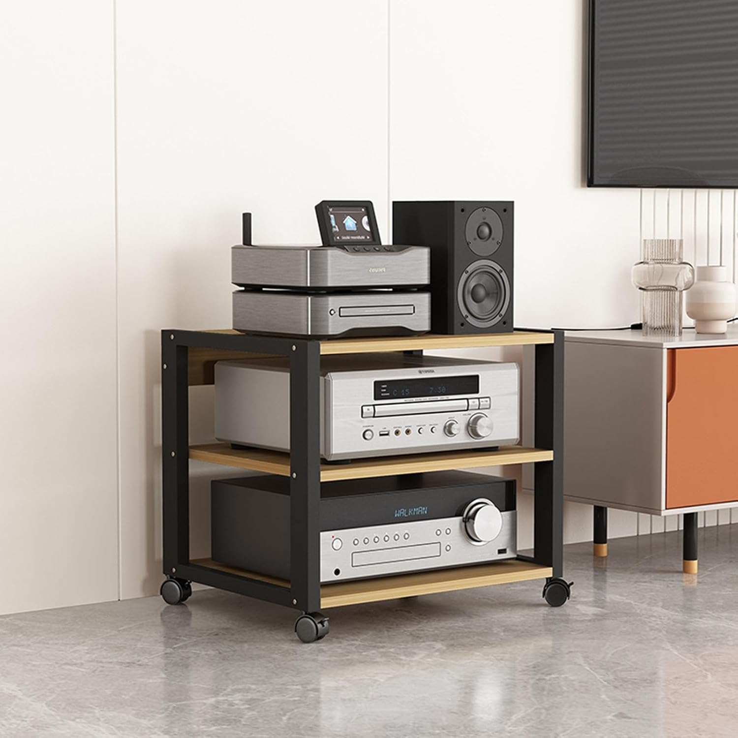 Modern 3-Tier Wooden Corner Media Stand - CD Player Storage Cabinet, Entertainment Shelf for Home, Office, Living Room, Theater - Stylish Stereo Component Display Unit