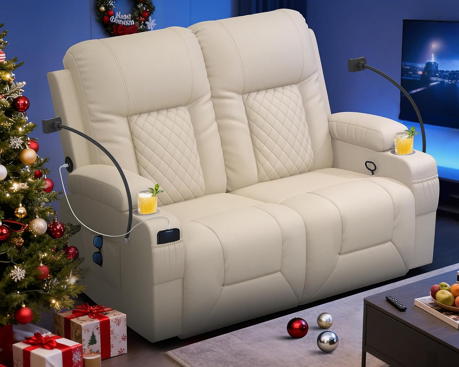 Loveseat Recliner Sofa, Home Theater Seating with Storage & Pocket, Reclining Loveseat Sofa with USB Ports & Phone Holders, Wall Hugger Recliner RV Couch Furniture