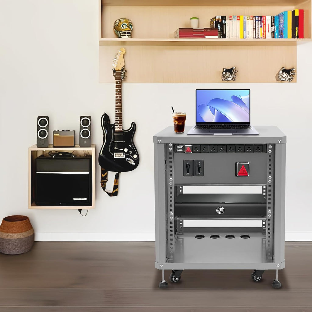 12U Server Rack with Wheels&Leveling Feet, Freestanding Rolling Open Frame IT Network Server Cabinet Rack Shelf for Audio Video Music Recording Computer AV Data & IT Equipment,Grey