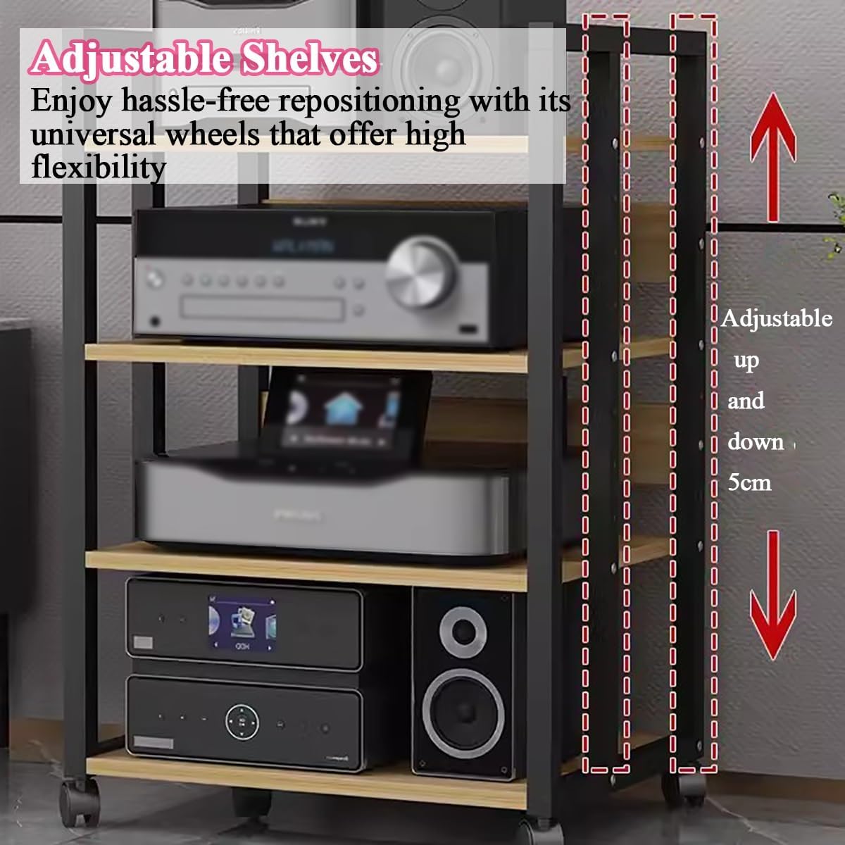 4 Tier Media Stand Component Storage Unit, Audio Video Equipment Rack, Wooden Stereo Receiver Shelf Record Player For Home Theater Club Office