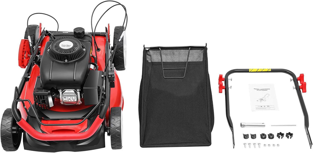 Self-Propelled Gas Lawn Mower, 140CC 4-Stroke 5HP Lawn Mower 3-in-1 Push Mower with 60L/15.9Gal Grass Catch Bag, Steel Grass Catcher for Yard & Garden, 8 Gears Mowing Height Adjustment, 2800Rpm