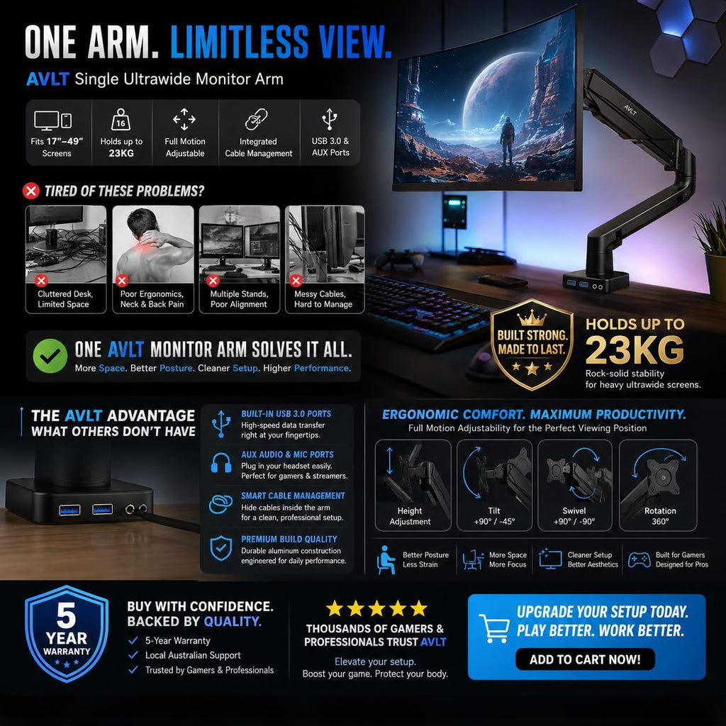 AVLT Single 17'-49' Super Ultrawide Monitor Arm Desk Mount for Screens up to 50 lbs, Premium Aluminum Stand, Adjustable Pneumatic Height, Full Motion Swivel Tilt Rotation, USB 3.0 & AUX Ports, Black