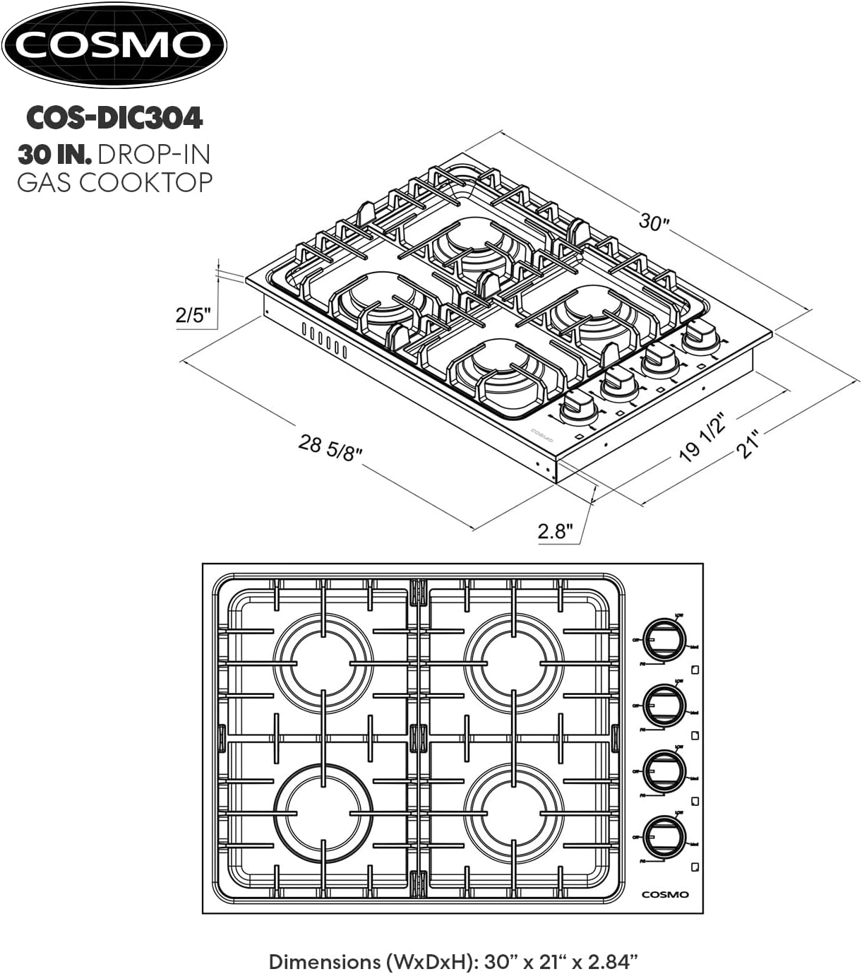 COSMO COS-DIC304 30 in. Gas Cooktop in Stainless Steel with 4 Italian Made Burners
