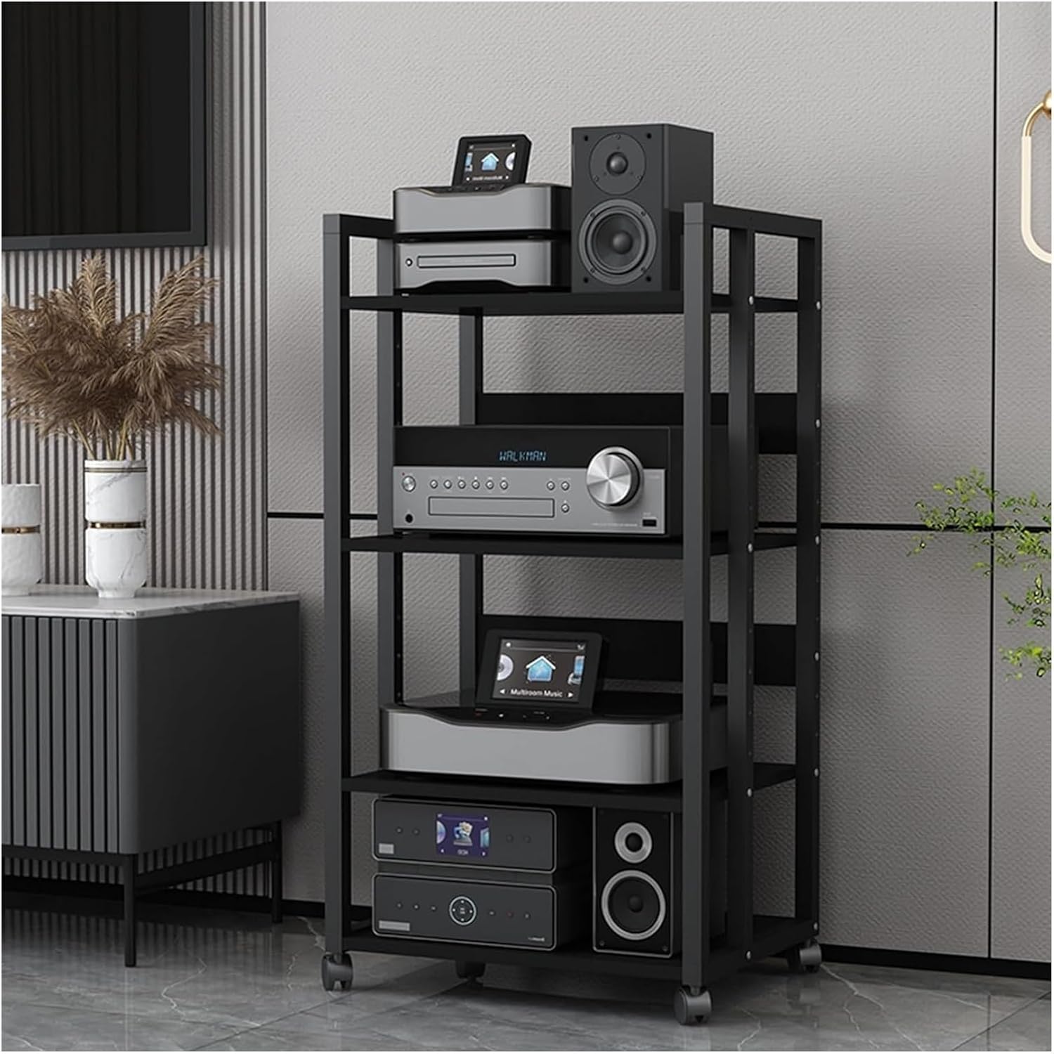 4 Tier Media Stand Component Storage Unit, Audio Video Equipment Rack, Wooden Stereo Receiver Shelf Record Player For Home Theater Club Office