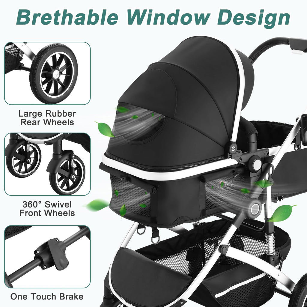 EROMMY 6-in-1 Baby Stroller with Bassinet, Convertible Infant Stroller with Adjustable Backrest & Canopy, Foldable Pushchair with Reversible Seat and Cover for Newborn 0-36 Months (Black)