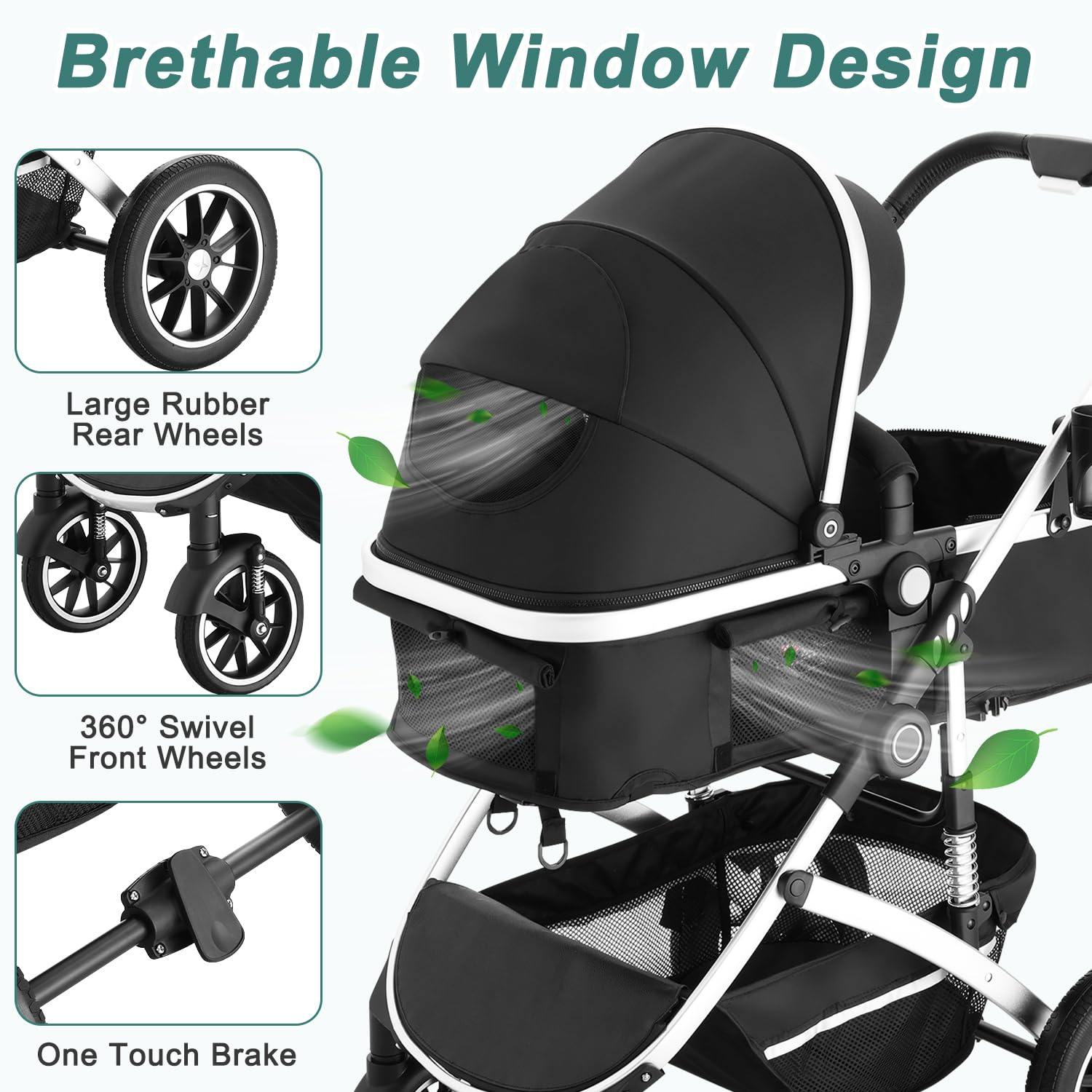 EROMMY 6-in-1 Baby Stroller with Bassinet, Convertible Infant Stroller with Adjustable Backrest & Canopy, Foldable Pushchair with Reversible Seat and Cover for Newborn 0-36 Months (Black)