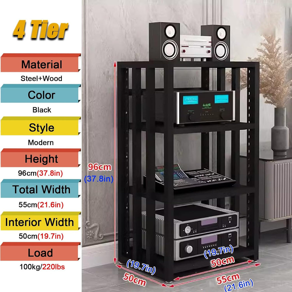 3/4/5-tier Shelves Audio Video Media Stand Cabinet, Modern Stereo Record Player Equipment Rack for Restaurant/Classroom/Bedroom/Conference Room, Height-Adjustable Shelf, Vertical Floor(4 Tier Black Bo
