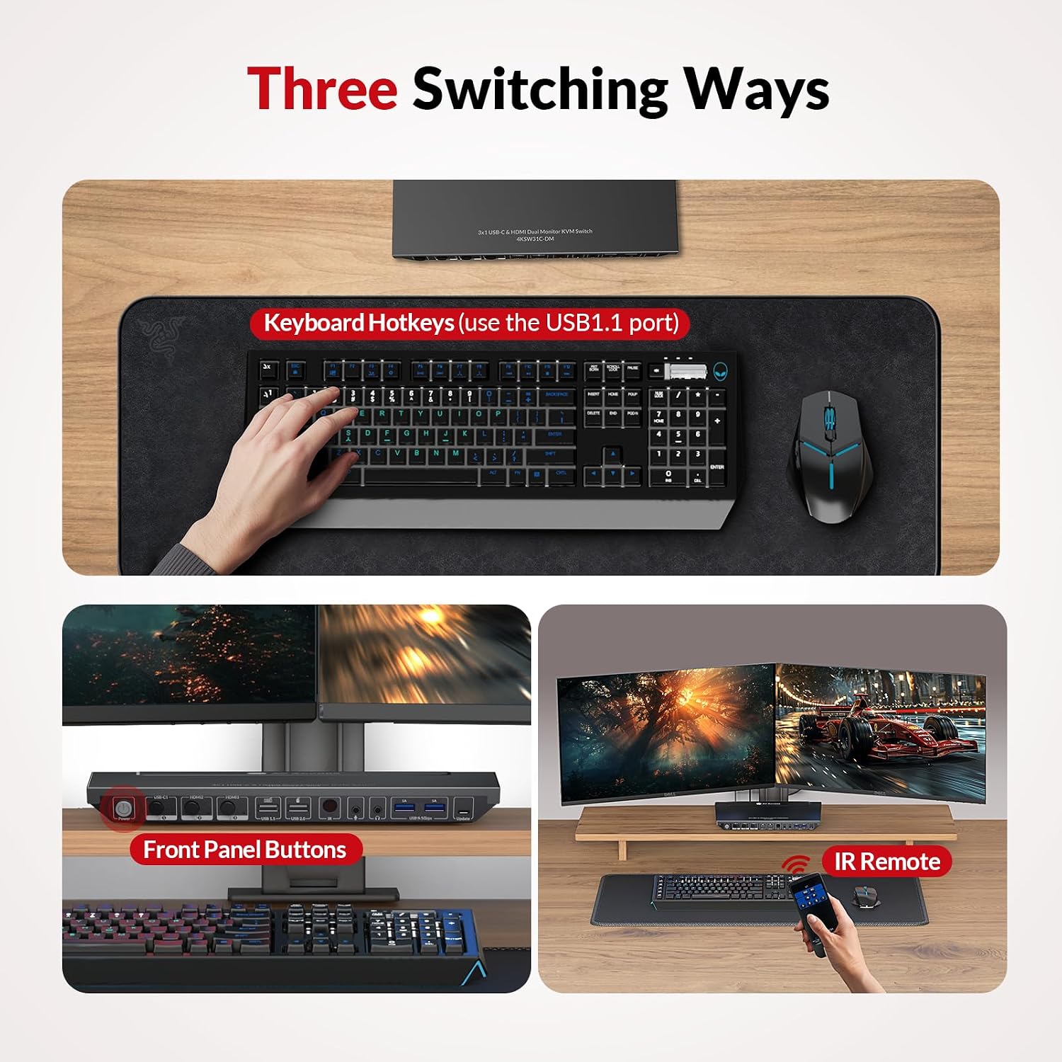 AV Access KVM Switch Dock for a Laptop and 2 Desktop PCs, Dual 4K Monitor USB C Docking Station, Type-C 65W Charging for Laptop, Ethernet, EDID, Hotkey Switch, HDMI, 4K@60Hz, 1080P@240Hz, USB 3.0