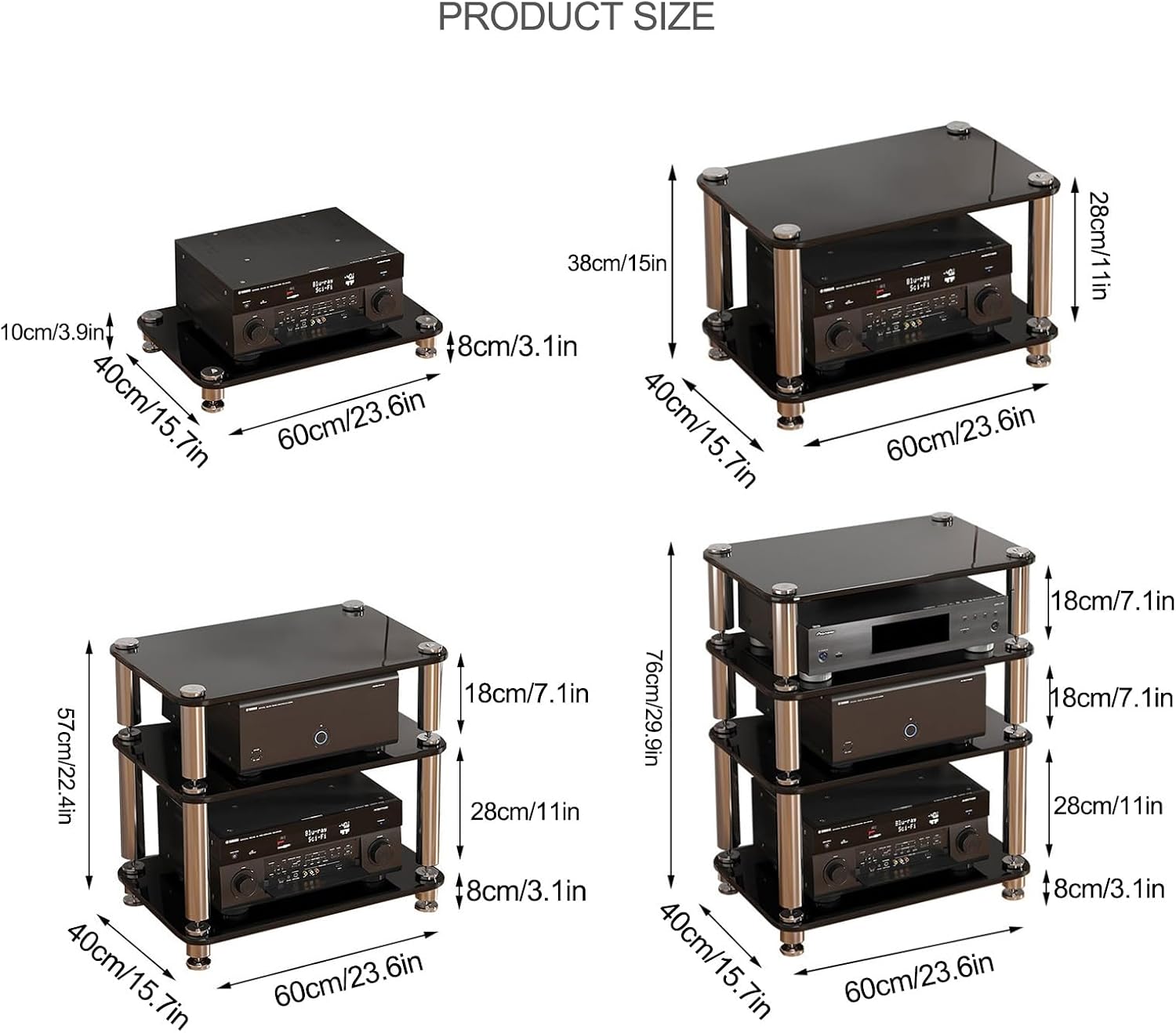 Audio Rack AV Media Stand with 1/2/3/4-Tier Tempered Glass Shelves, Storage Rack Audio Tower Equipment Console Shelf, for Home Office Theater(Black,38cm/15in)