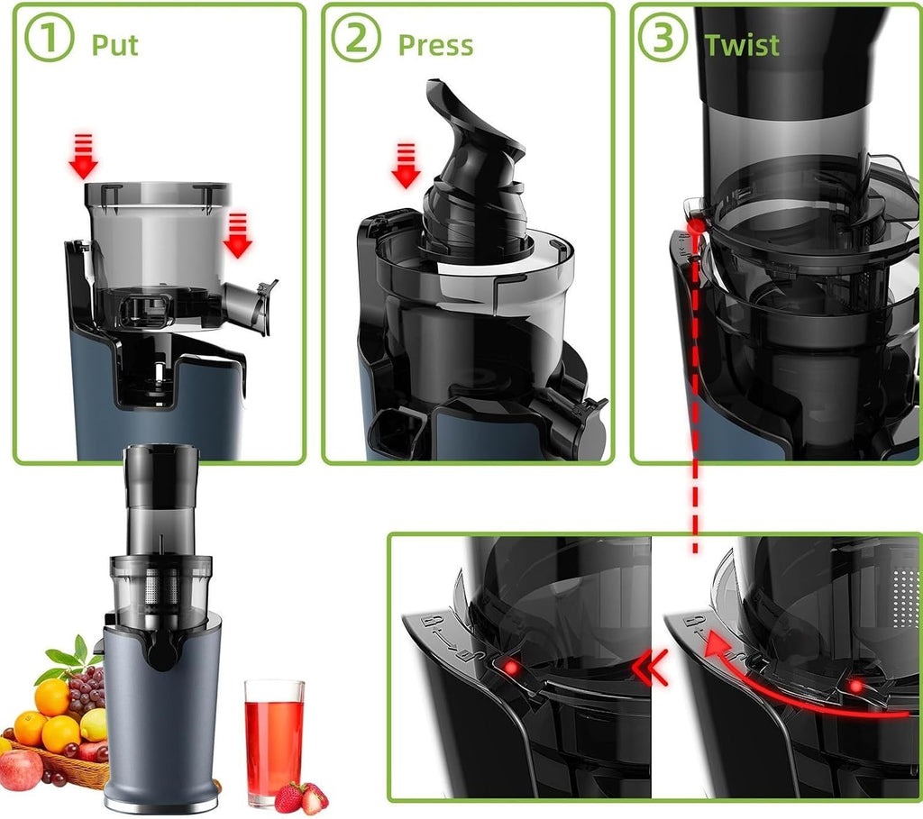 Cold Press Juicer with 78mm Feed Chute, 200W Motor, Slow Masticating Juice Extractor for Whole Fruits & Vegetables, Easy to Clean, Black