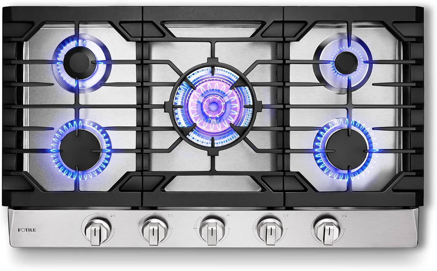 FOTILE GLS36502 36' Stainless Steel 5-Burner Gas Cooktop, Tri-Ring 22,000 BTUs Center Burner with Flame Failure Protection Removable Grates and Installation/LP Kit