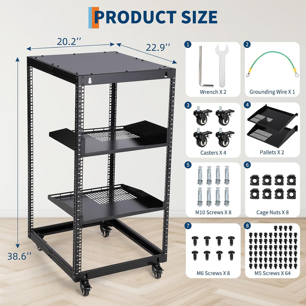 20U Open Frame Network Rack, Heavy Duty Steel Server Rack Shelf,Support Wall Mount and Floor Standing Use for IT Equipment and AV Gear, Adjustable Height 22-40in