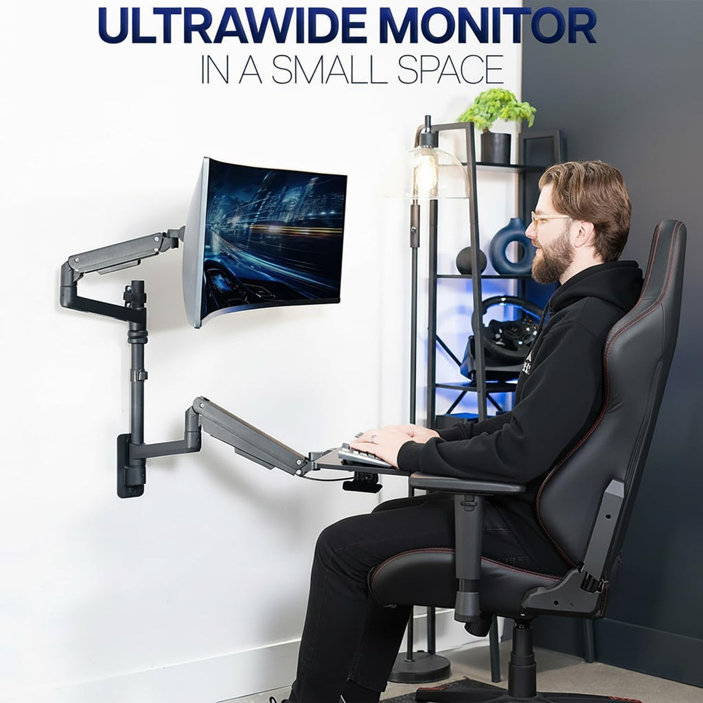 VIVO Sit-Stand Heavy Duty Ultrawide Monitor Wall Mount for Screens up to 49 inches with Height Adjustable Keyboard and Mouse Tray, Pneumatic Arm Computer Workstation, MOUNT-V120KB35C