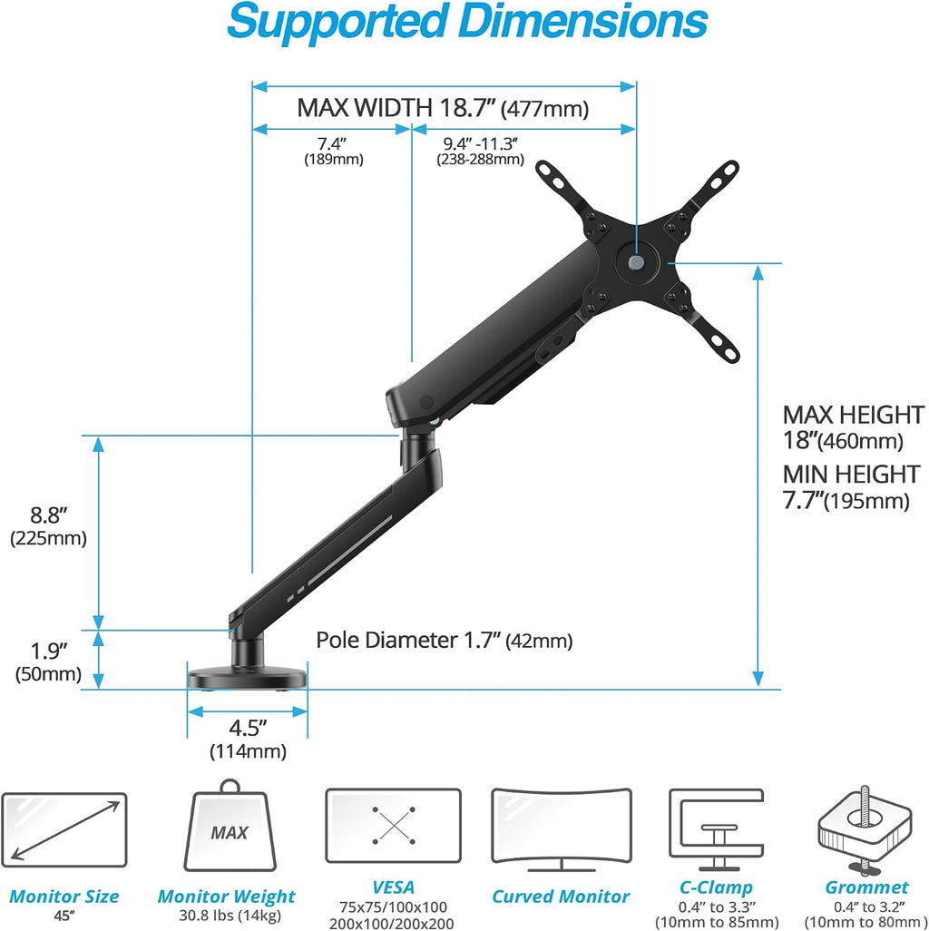 AVLT Single 27'-45' RGB Gaming Monitor Arm Desk Mount Built-in 20 Lighting Modes Touch Button Control Fits Flat/Curved/Ultrawide Screen Height Swivel Tilt Rotation Adjustable Stand -Black