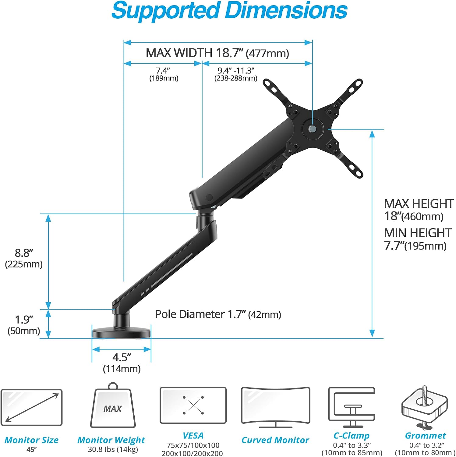 AVLT Single 27'-45' RGB Gaming Monitor Arm Desk Mount Built-in 20 Lighting Modes Touch Button Control Fits Flat/Curved/Ultrawide Screen Height Swivel Tilt Rotation Adjustable Stand -Black