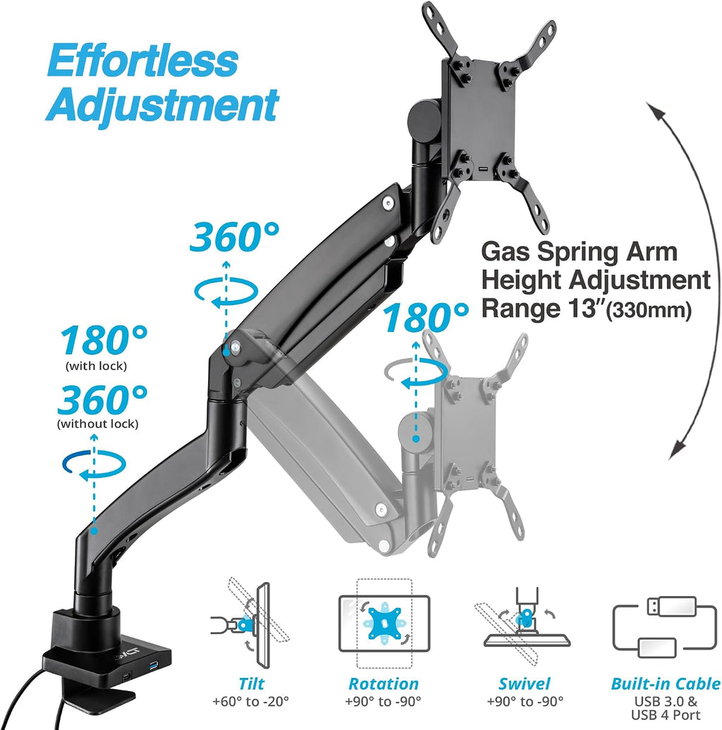 AVLT Single 17'-57' Super Ultrawide Monitor Arm for Screens Up to 59.5 lbs, Premium Aluminum Desk Stand, Adjustable Pneumatic Height, Full Motion Swivel Tilt Rotation, USB-C&A Ports, Black