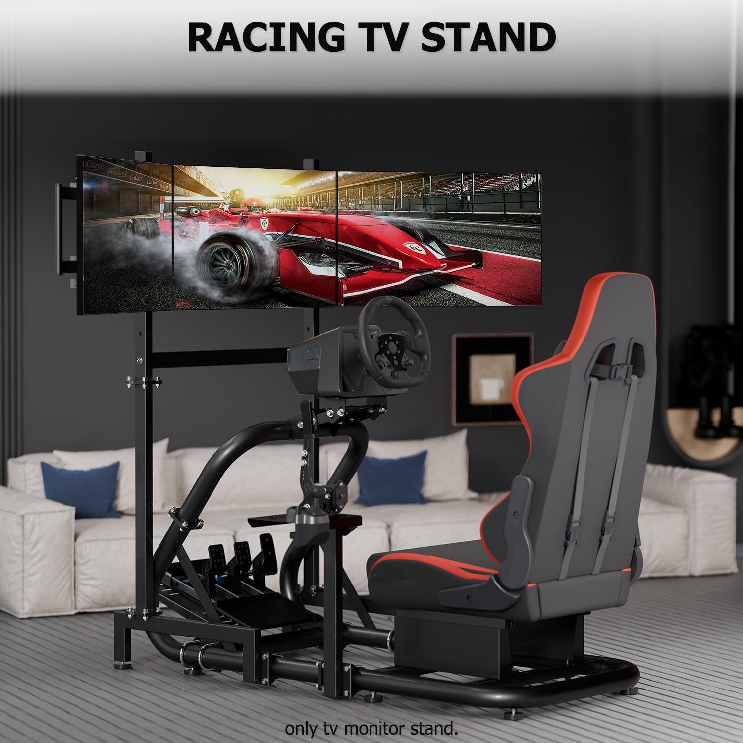 Suppllueer Racing Simulator Triple Monitor Stand Adjustable for 24-32 Inch Screens Triple-Screen Display Stand Compatible with Round Tube Cockpit