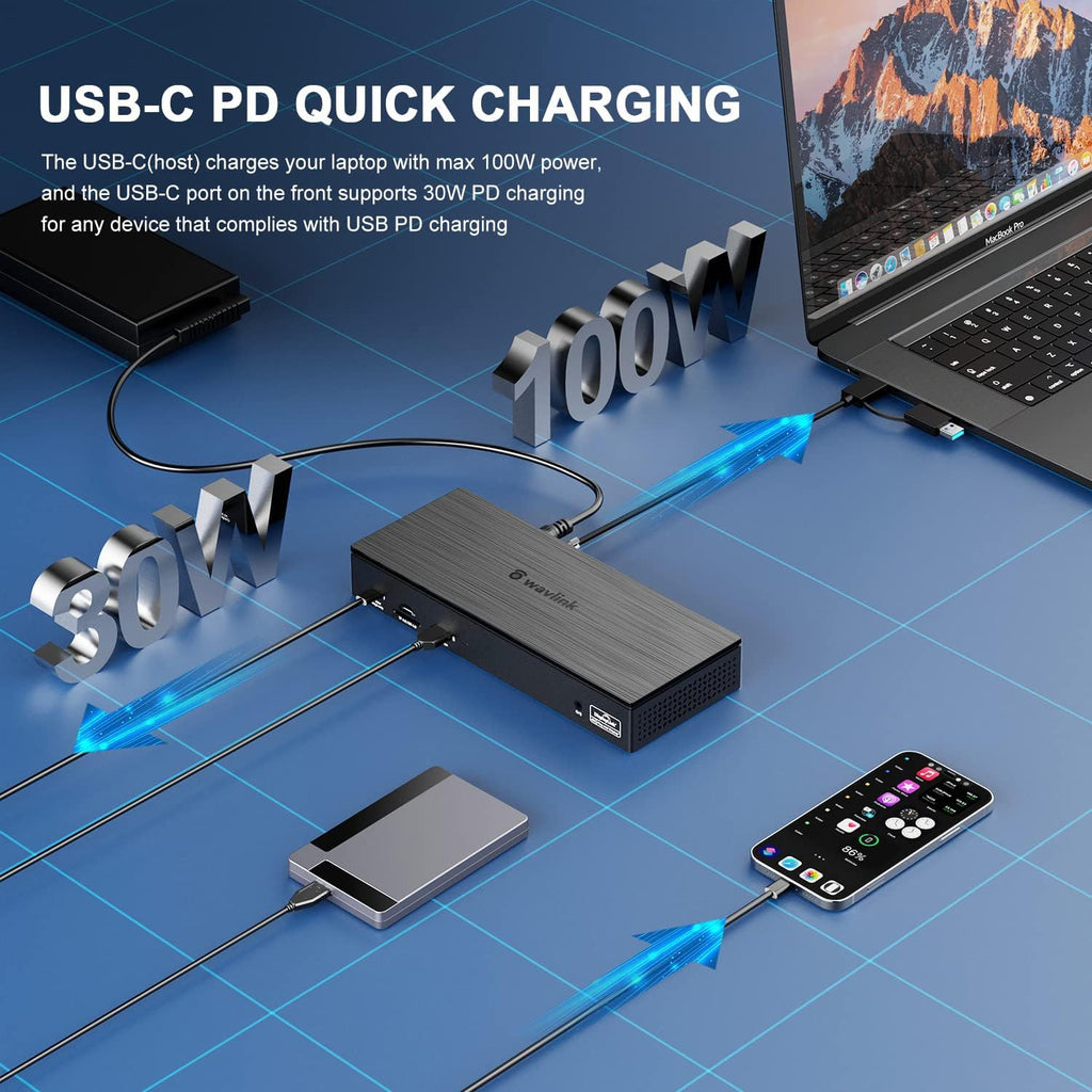 WAVLINK DisplayLink Laptop Docking Station, 4 HDMI, 4 DP, Quad Monitor 5K/4K@60Hz, Thunderbolt 5/4, USB-C/A, 180W Power, 100W Charging, SD 4.0 CR, 2.5Gbps LAN, M1–M5 Mac/MacBook Neo/Windows/Chrome