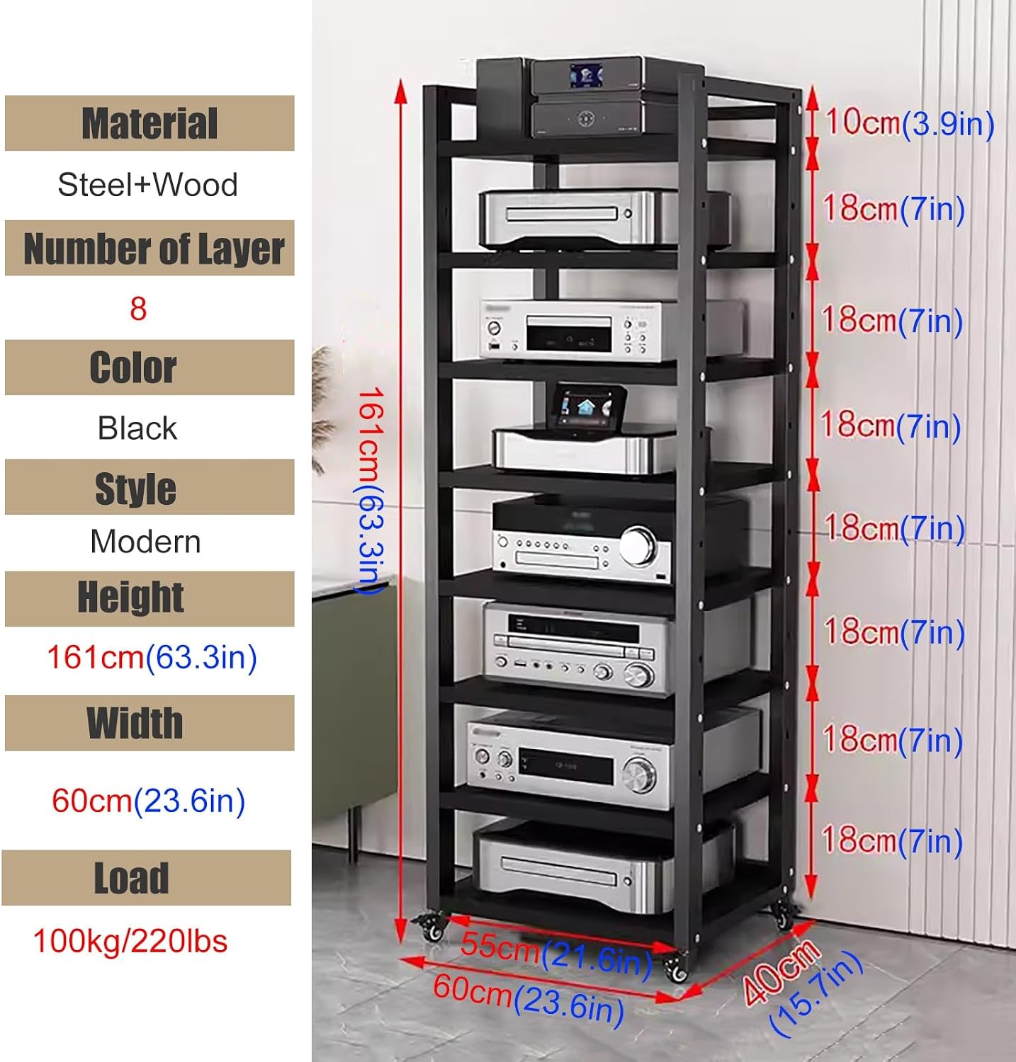Tall Stereo Racks And Stands on Wheels Media Storage Cabinet Rack, Black Modern Entertainment Stereo Components Stand, Audio Video Equipment Rack（8 tier-60cm wide）