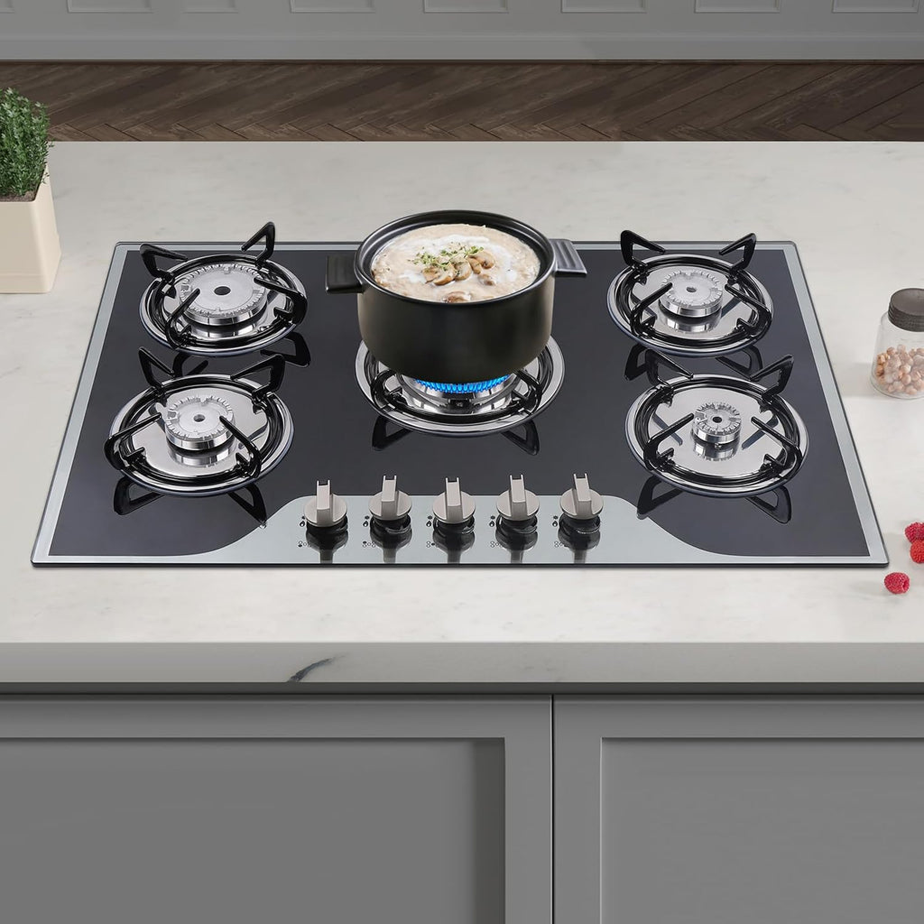 30 Inch Gas Cooktop Built-in Stainless Steel Gas Stovetop 5 High Efficiency Burners Gas Stove LPG/NG Convertible Gas Hob Easy to Clean