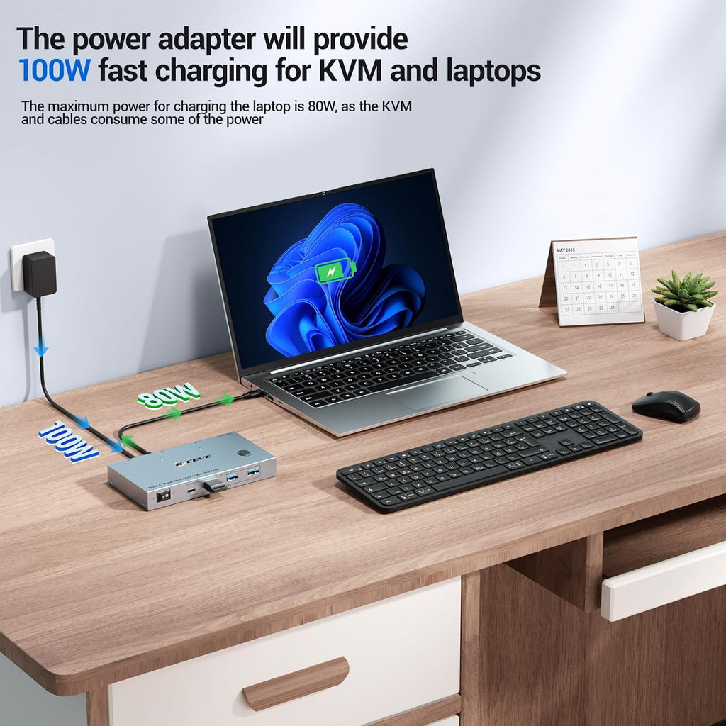 USB C KVM Switch 2 Monitors 2 Laptops, 4K@60Hz USB C Dual Monitor KVM Switch for 2 laptops to Share 2 Monitor and 4 USB3.0 Devices, 80W PD Charging, Wired Remote and Cables Included