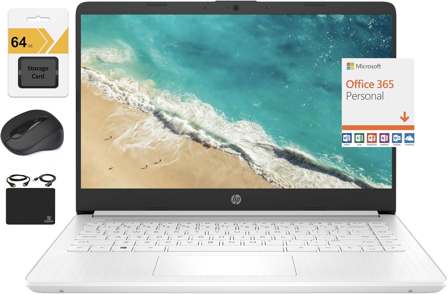 HP 2023 Newest 14' HD Ultral Light Thin Laptop, Quad-Core Intel Celeron Processor, 4GB RAM, 128GB (64GB eMMC+ 64GB SD), Wi-Fi, Upto 11 Hours, Windows 11 S + 1 Year Office 365+HubxcelAccessory, White