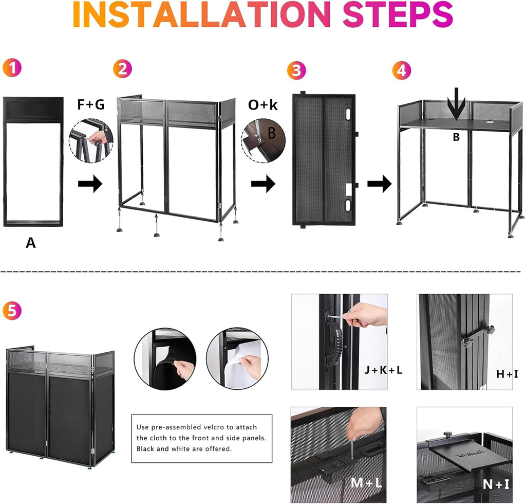 VallisCo DJ Facade Booth Table 40' x 20' - Portable Detachable DJ Booth Table Station with Computer Bracket Surface & Cable Hole, Foldable DJ Table Includes Black/White Scrims & Carry Bag for Party