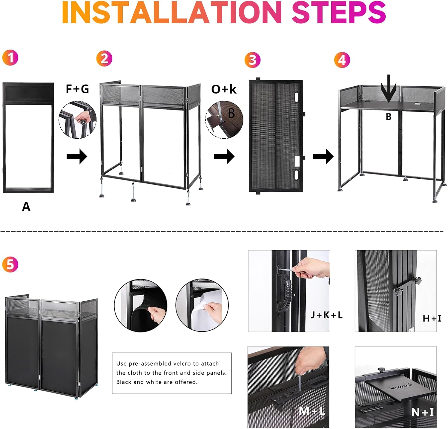 VallisCo DJ Facade Booth Table 40' x 20' - Portable Detachable DJ Booth Table Station with Computer Bracket Surface & Cable Hole, Foldable DJ Table Includes Black/White Scrims & Carry Bag for Party