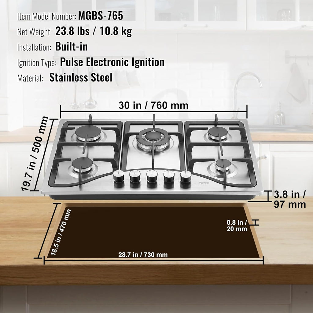 VEVOR 30-inch Gas Cooktop, 5 Burners Built-in Gas Stove Top, Max 12250BTU NG/LPG Convertible Stainless Steel Cooktops, with Thermocouple Protection for Camping, RV, Apartment