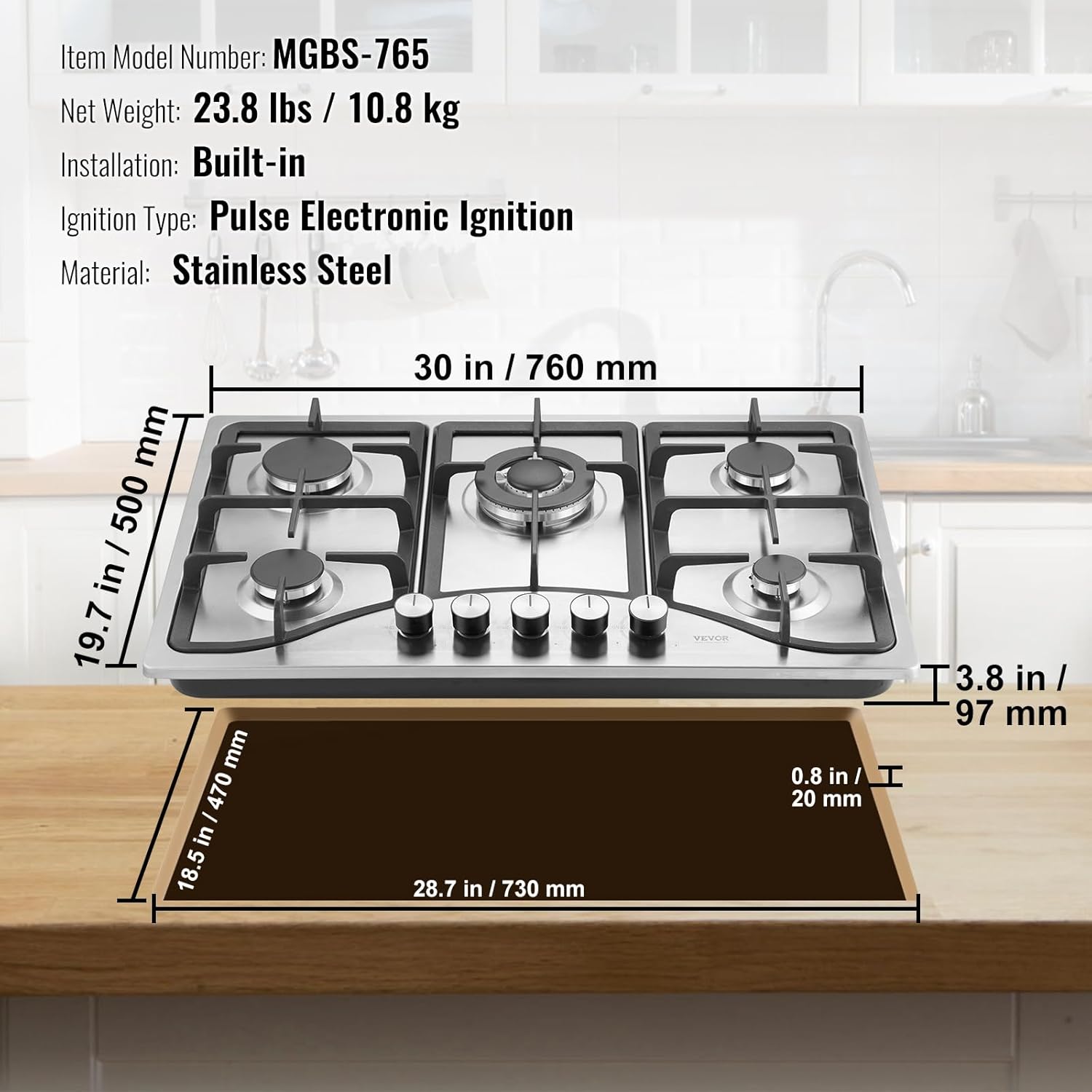 VEVOR 30-inch Gas Cooktop, 5 Burners Built-in Gas Stove Top, Max 12250BTU NG/LPG Convertible Stainless Steel Cooktops, with Thermocouple Protection for Camping, RV, Apartment