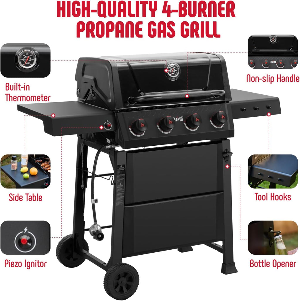 Feasto 4-Burner Gas BBQ Grill with Side Tables, 36,000 BTU Outdoor Propane Grill with Premium Enameled Coated Chamber Body & Porcelain-Enameled Grates for Deck Party & Patio BBQ, 559 Sq. In., Black