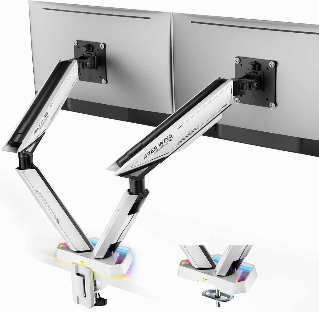 ARES WING RGB Dual Monitor Arm for 17-38' Ultrawide Screens, Holds 35.2lbs, Heavy Duty Dual Monitor Stand for Desk, Adjustable Double Monitor Mount with Clamp & Grommet Base, 75/100 VESA Mount, White