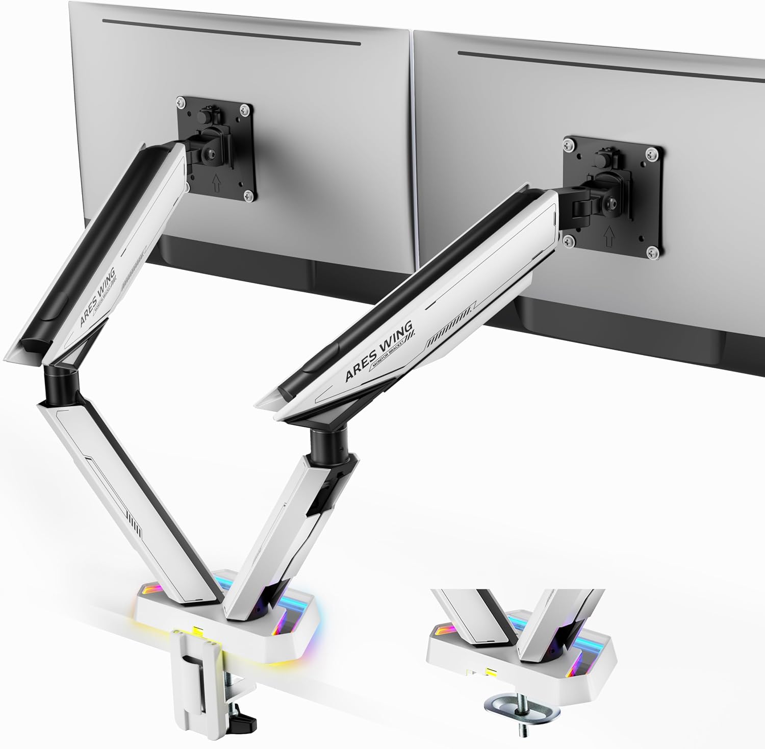 ARES WING RGB Dual Monitor Arm for 17-38' Ultrawide Screens, Holds 35.2lbs, Heavy Duty Dual Monitor Stand for Desk, Adjustable Double Monitor Mount with Clamp & Grommet Base, 75/100 VESA Mount, White
