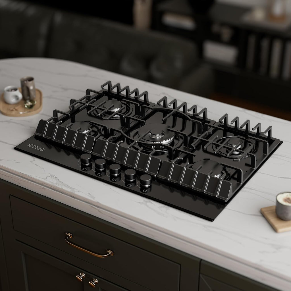 Empava 30 Inch Built-in Gas Cooktop with 5 Sealed SABAF Burners, Black Tempered Glass Surface, LPG/NG Convertible, Flame Failure Protection, Dishwasher Safe Grates