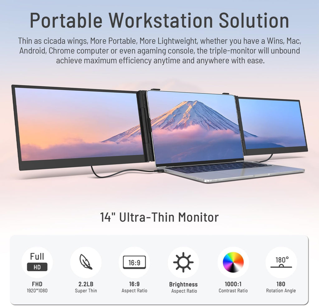 14' Triple Laptop Screen Extender, 1080P FHD IPS Ultra-Slim Portable Dual Monitor for Laptop, USB C HDMI Plug-Play Monitor Extender for Triple Display for MacOS/Windows, Fits 13-17.3' Laptops