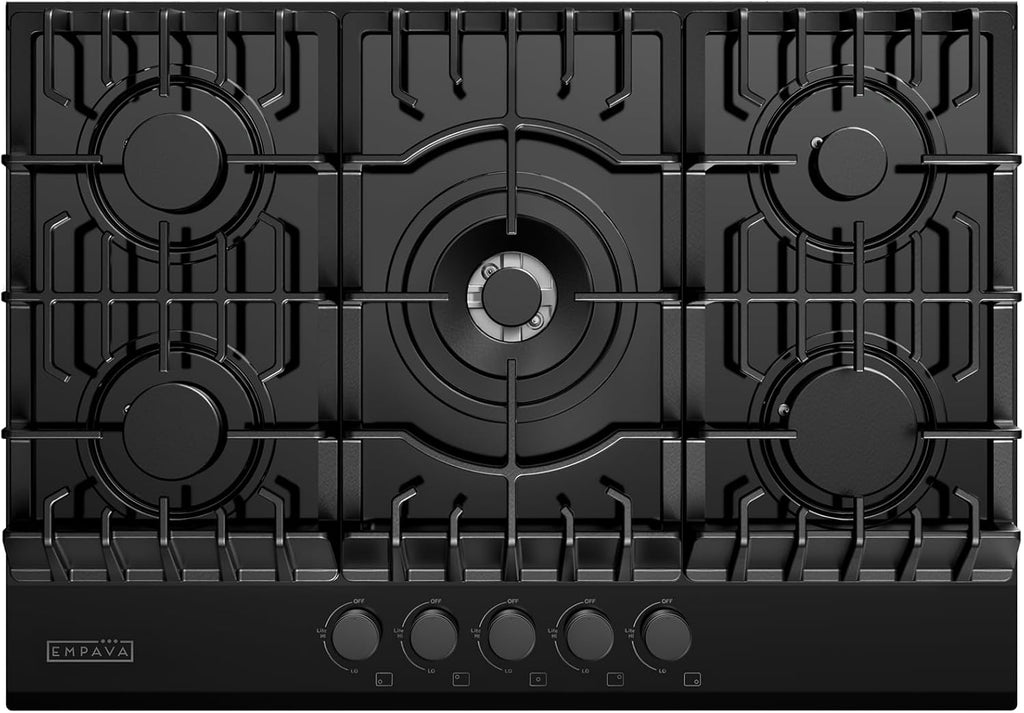 Empava 30 Inch Built-in Gas Cooktop with 5 Sealed SABAF Burners, Black Tempered Glass Surface, LPG/NG Convertible, Flame Failure Protection, Dishwasher Safe Grates