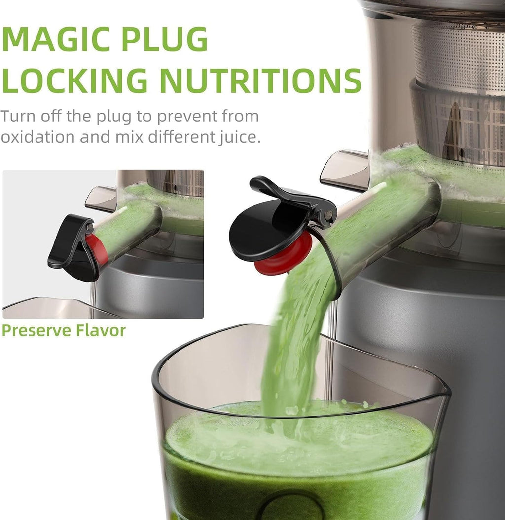 Cold Press Juicer Machine, 200W Slow Masticating Juicer with 75mm Wide Dual Feed Chute, High Juice Yield, Quiet Motor, Easy to Clean, Grey