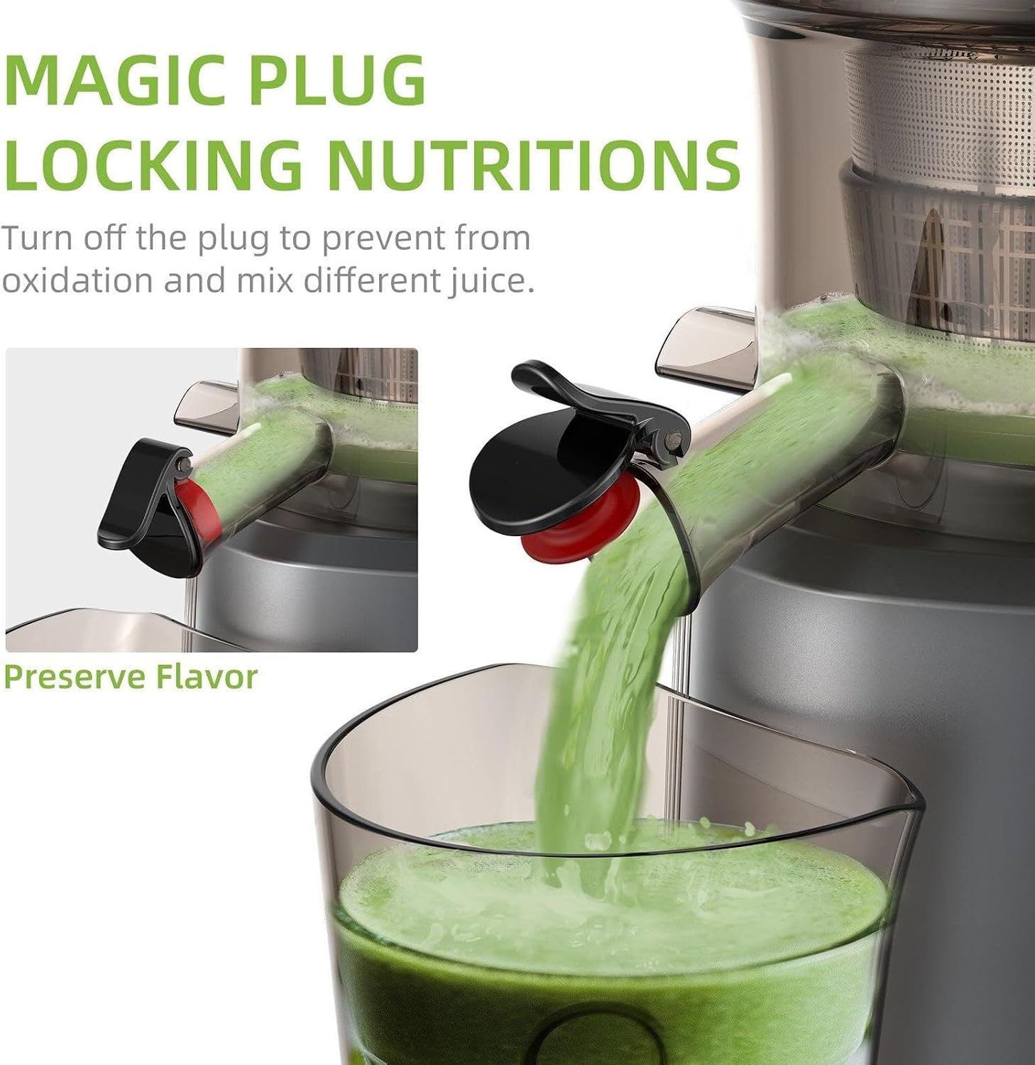 Cold Press Juicer Machine, 200W Slow Masticating Juicer with 75mm Wide Dual Feed Chute, High Juice Yield, Quiet Motor, Easy to Clean, Grey