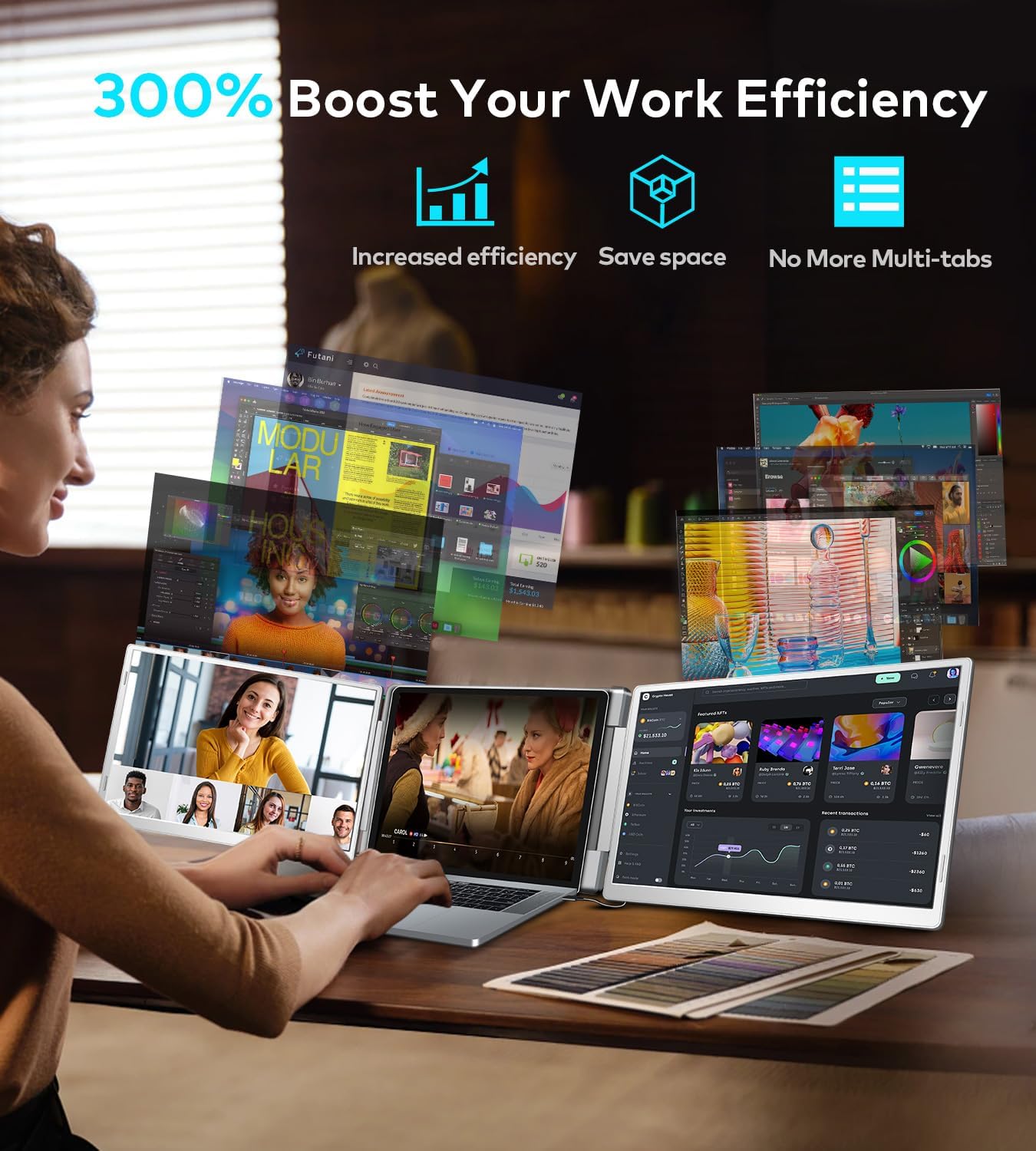 16' Laptop Screen Extender, 1200P FHD Triple Portable Laptop Monitor Extender for 12'-18.5' Laptops, 16:10 Aspect Ratio Rotation Screen, Compatible with MacOS, Wins, Chrome, Surface