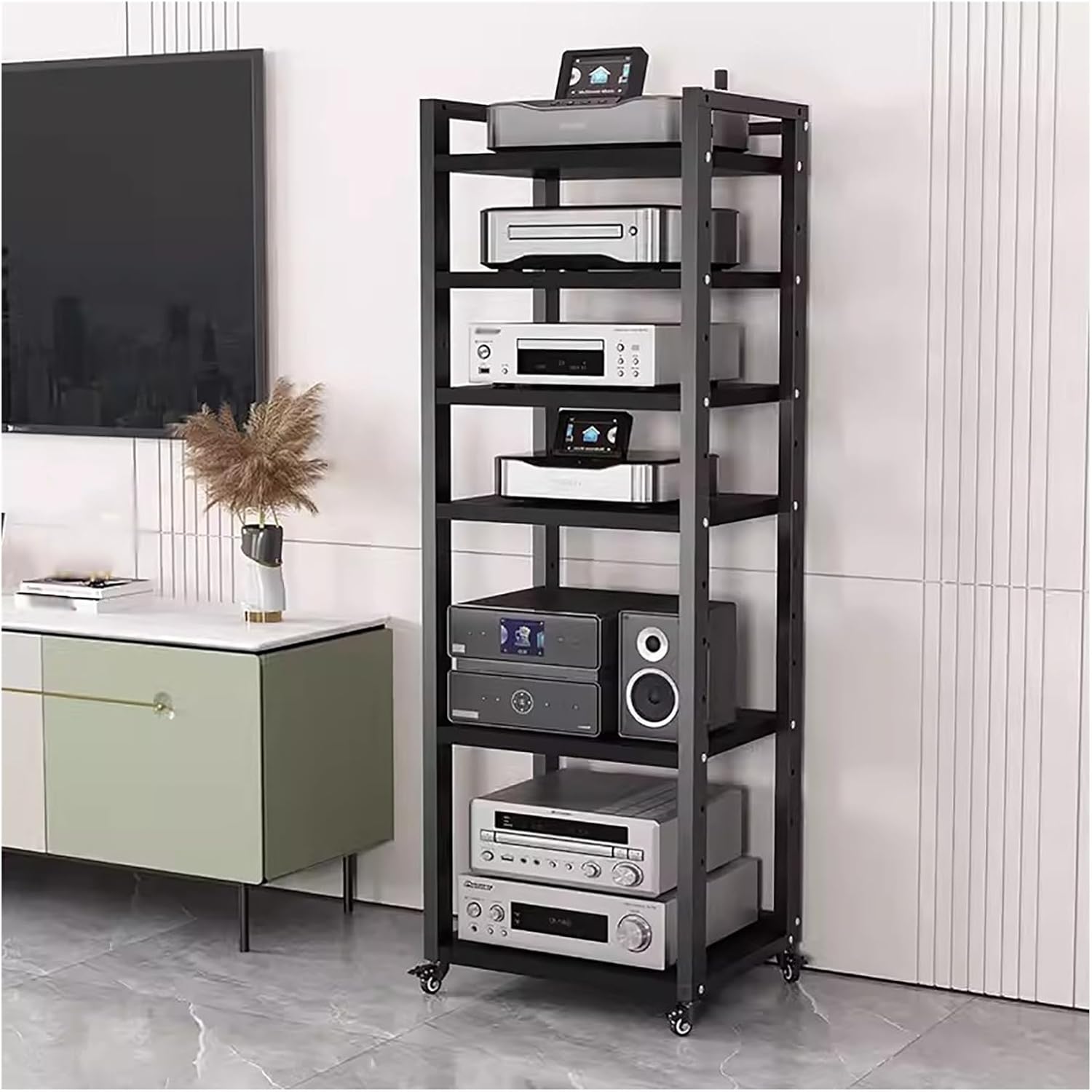 Tall Stereo Racks And Stands on Wheels Media Storage Cabinet Rack, Black Modern Entertainment Stereo Components Stand, Audio Video Equipment Rack（6 tier-60cm wide）