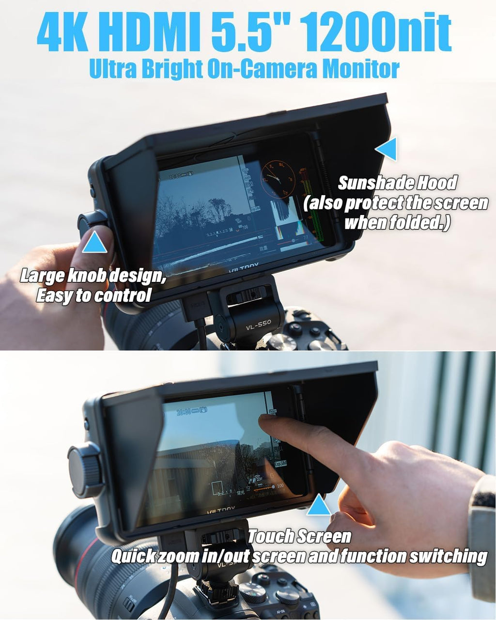 VILTROX DC550 Pro 5.5' Camera Field Monitor Touch Screen, 4K HDMI DSLR Video External Monitor for Sony Canon Nikon, Sunshade Hood,Battery,Storage Bag 1200nit,3DLUT,Focus Peaking,Histogram,False Colors