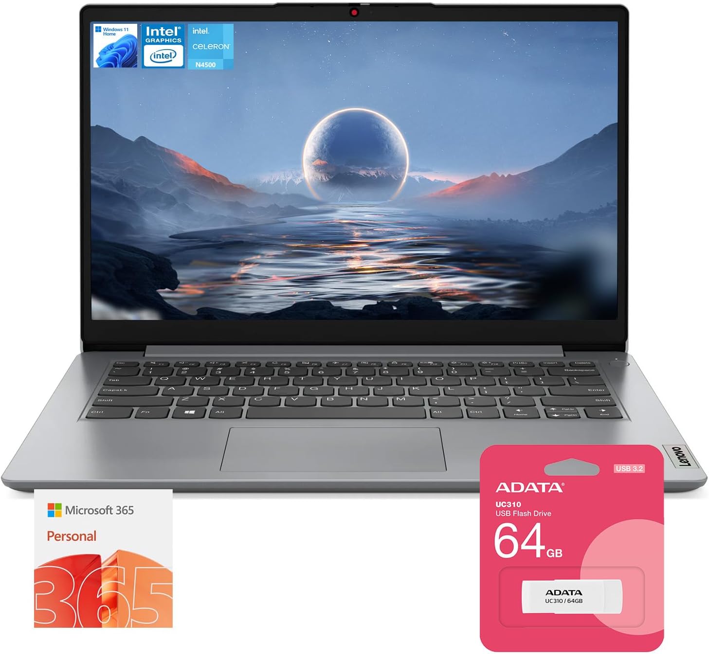 Lenovo IdeaPad 1 Daily/Student 14' HD Laptop, 12GB RAM, 448GB Storage(128GB eMMC + 256GB PCIe + 64GB USB), 1 Yr Office 365, Intel Core Processor, Win 11 Home, Bundle with UC310 64GB USB Flash Drive