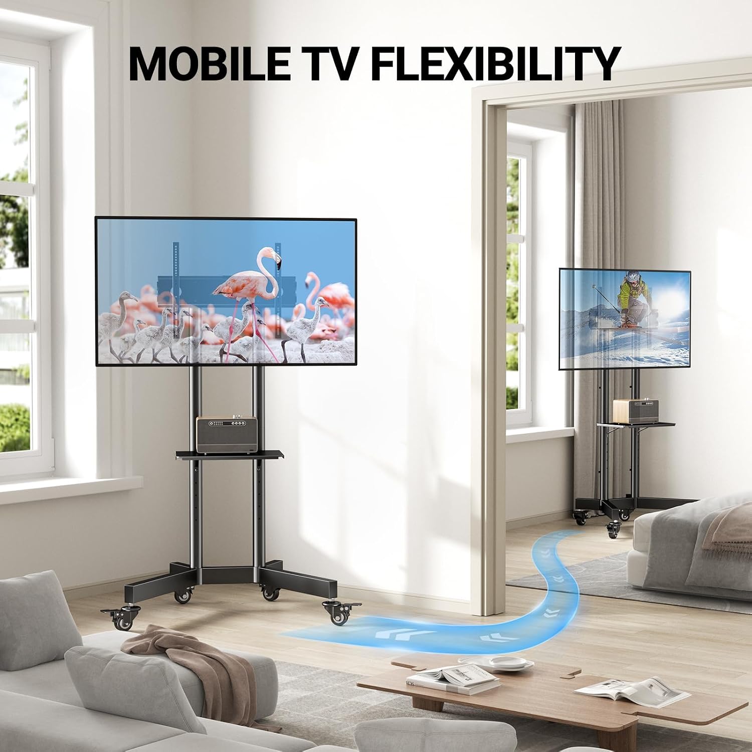 PERLESMITH Rolling TV Stand with Lockable Wheels for 32-86 Inch TVs Holds up to 132 Lbs, Height Adjustable Mobile TV Stand on Wheels with Laptop Shelf, Rolling Tv Cart Max VESA 600x400mm PSTVMC01