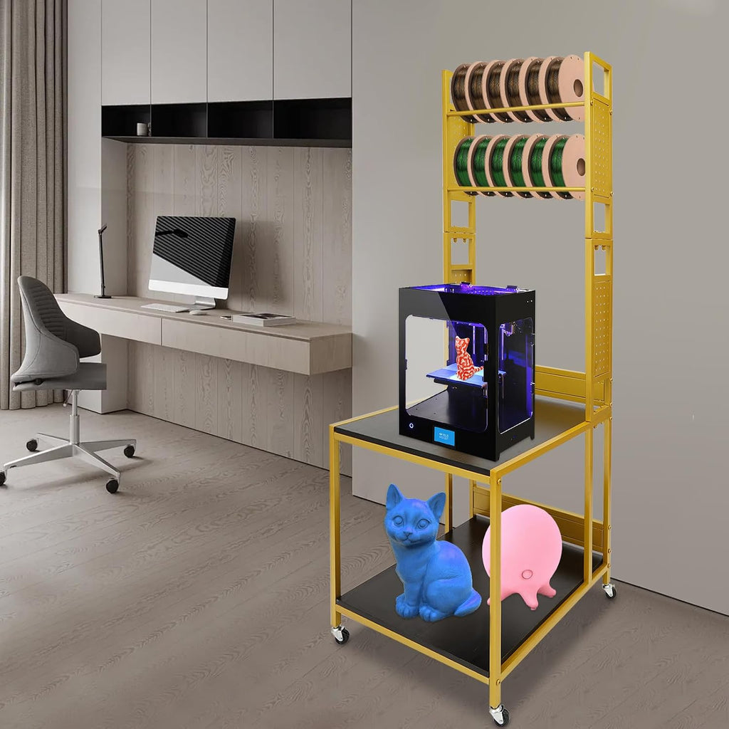 3D Printer Filament Storage Rack 3D Printer Stand with Double Layer, Heavy Duty Mobile Printer Table with Wheels for 3D Printing Station, Office, Workshop (Gold)