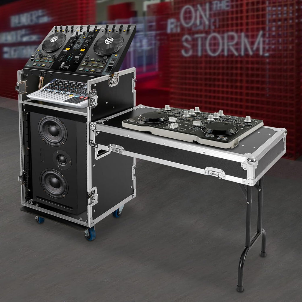 14U PA DJ Rack with DJ Table Tops, 661LBS Recording Studio Racks Audio Equipment Cabinet, Mobile Stereo Rack with Lockable Wheels for Studio/Wedding (Black)