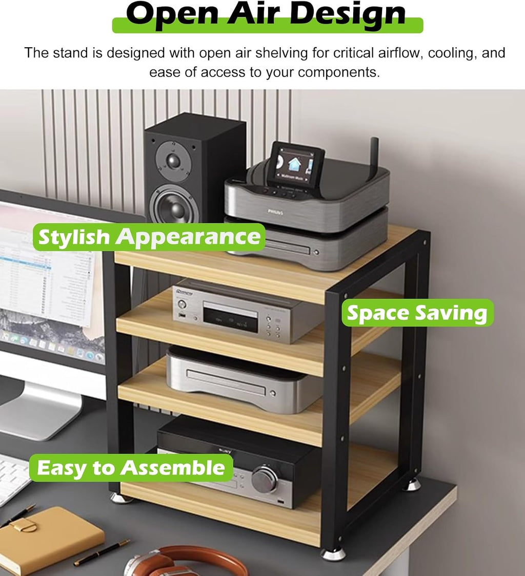 Small 3 Tier Audio Cabinet Rack, Wood Audio Video Component Tower, AV Media Equipment Stand, Floor Standing Corner Shelf for Record Player