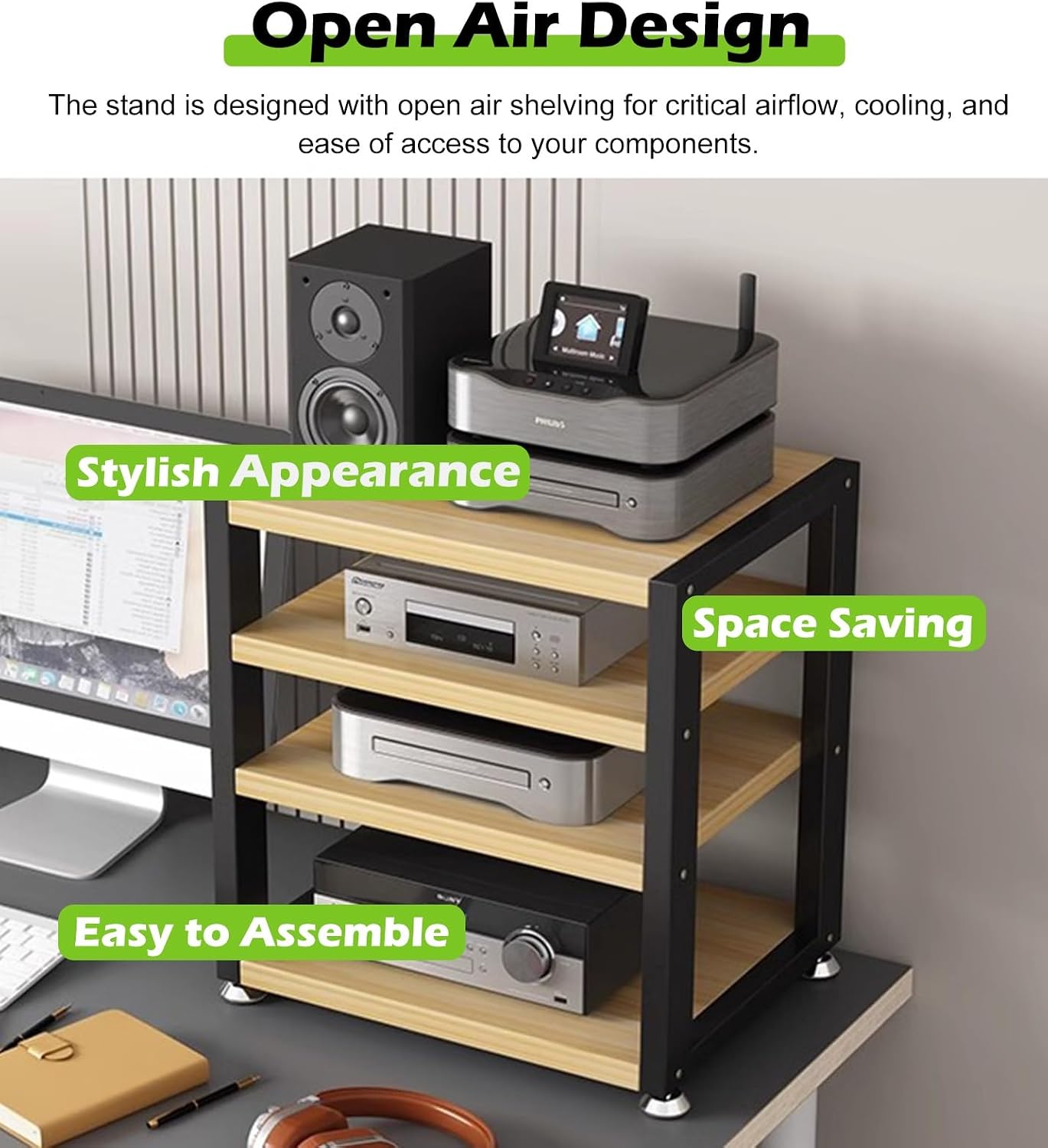 Small 3 Tier Audio Cabinet Rack, Wood Audio Video Component Tower, AV Media Equipment Stand, Floor Standing Corner Shelf for Record Player