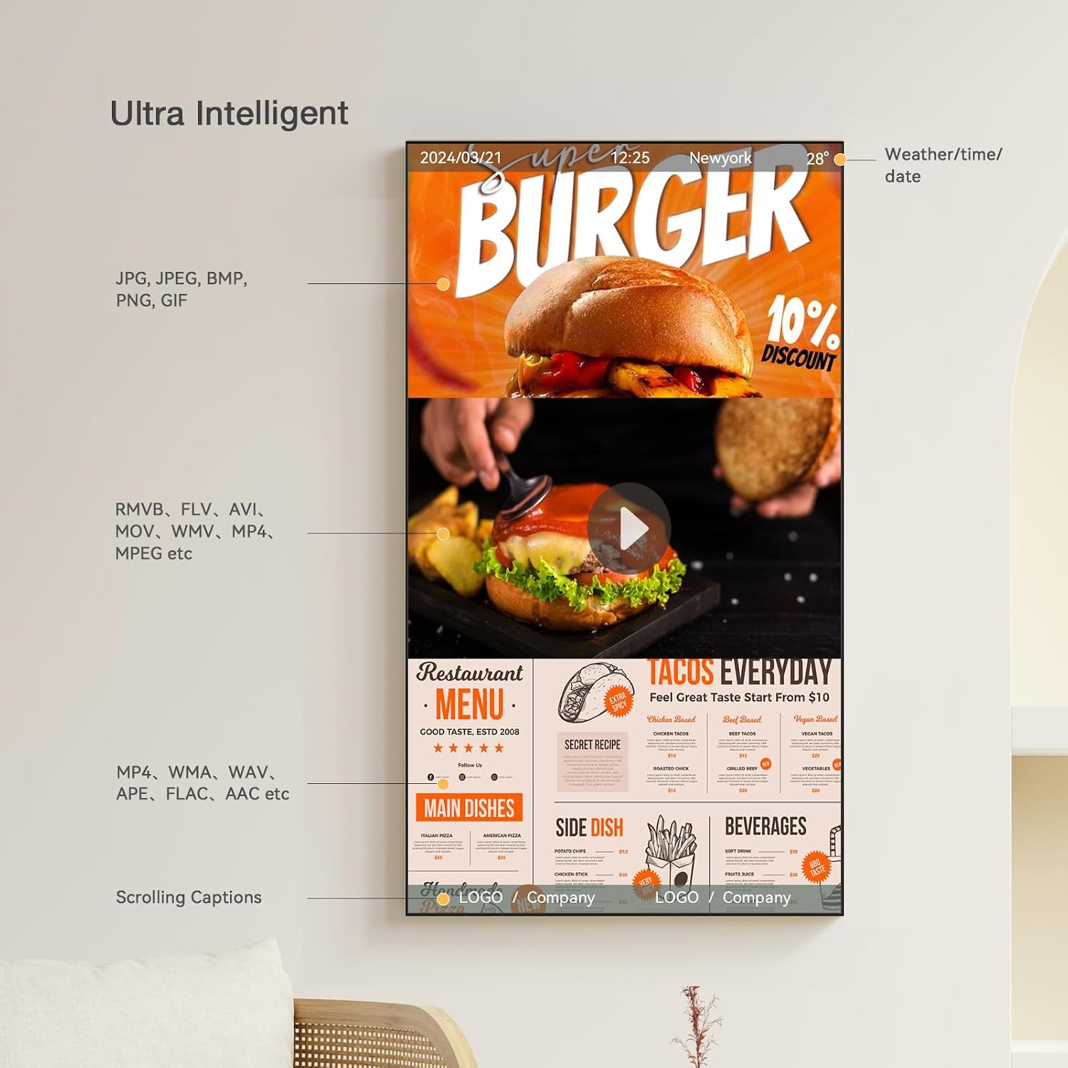 Digital Signage Display 43 inch Wall Mount Digital Menu Board for Restaurants and Stores Advertising Screen 1000 nits Ultra-High Brightness 4KUHD Free Web Content Editor Android 4GB + 32GB