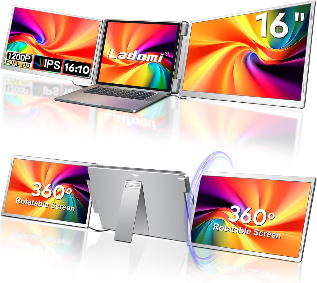 16' Laptop Screen Extender, 1200P FHD Triple Portable Laptop Monitor Extender for 12'-18.5' Laptops, 16:10 Aspect Ratio Rotation Screen, Compatible with MacOS, Wins, Chrome, Surface