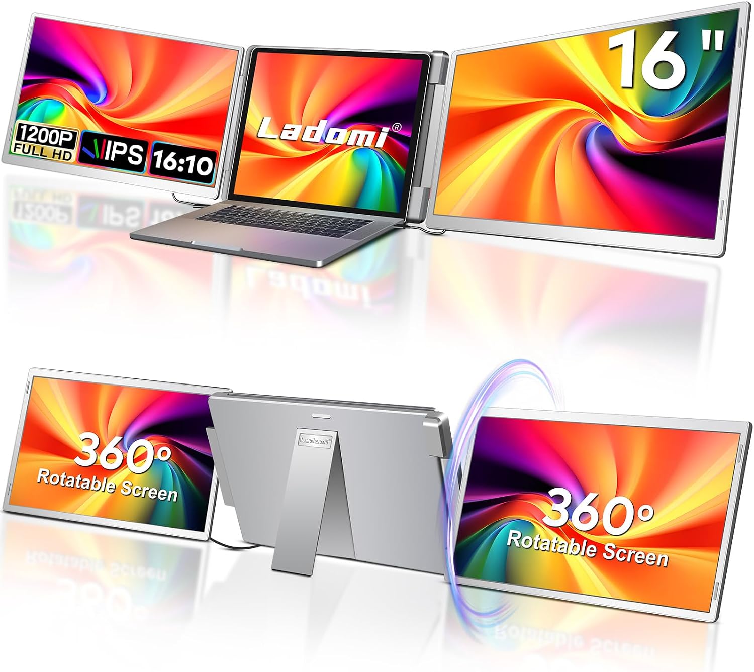 16' Laptop Screen Extender, 1200P FHD Triple Portable Laptop Monitor Extender for 12'-18.5' Laptops, 16:10 Aspect Ratio Rotation Screen, Compatible with MacOS, Wins, Chrome, Surface